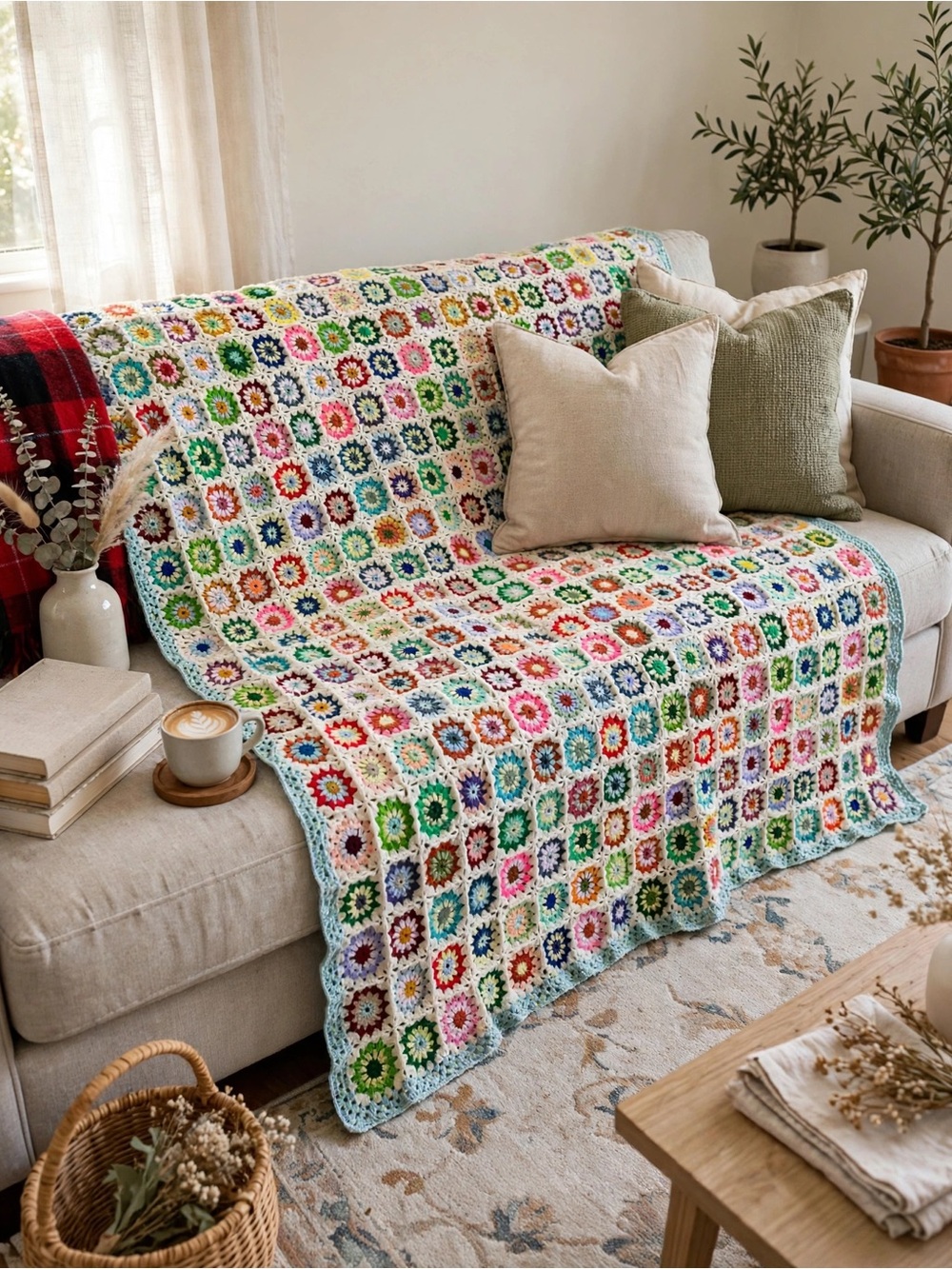 Granny square flower Blanket throw afghan 87” x 87”